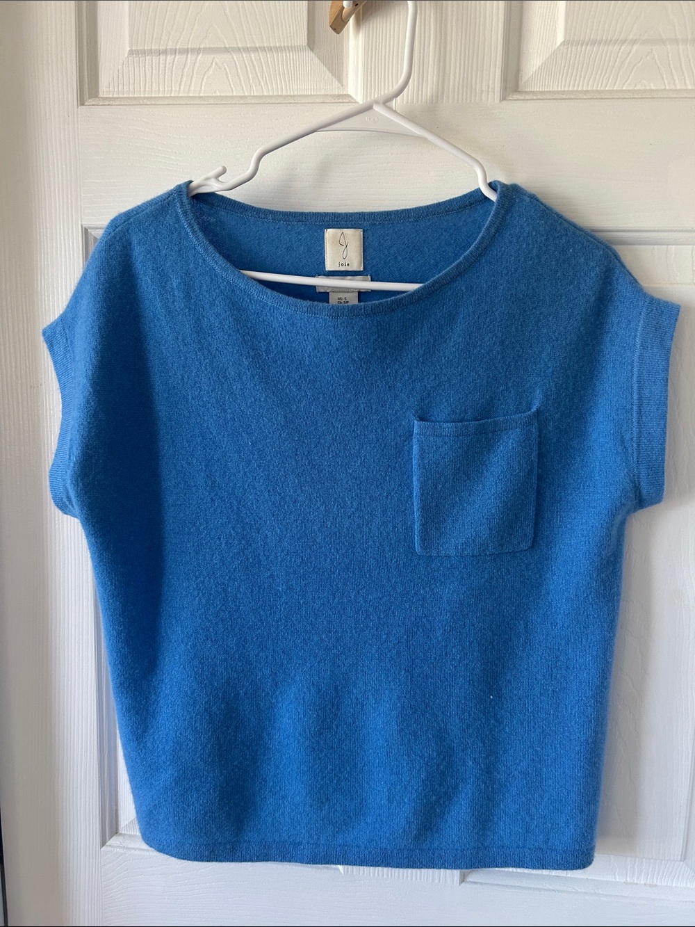 Joie Electric Blue Short-Sleeve Cashmere Blend Pocket Sweater